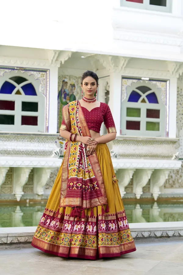 Mustard_Tasar_Silk_Printed_Flared_Lehenga_Choli_For_Women