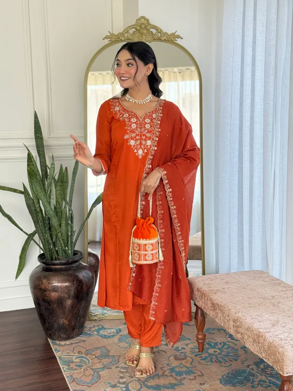 Orange_Embroidered_Kurta_Set_For_Women