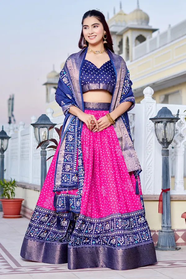 Pink_Tasar_Silk_Printed_Flared_Lehenga_Choli_For_Women