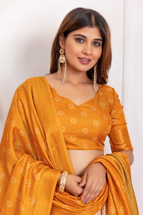 Orange_Tasar_Silk_Printed_Flared_Lehenga_Choli_For_Women