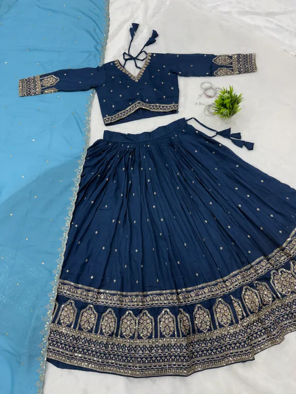 Navy_Vichitra_Silk_Embellished_Flared_Lehenga_Choli_For_Women