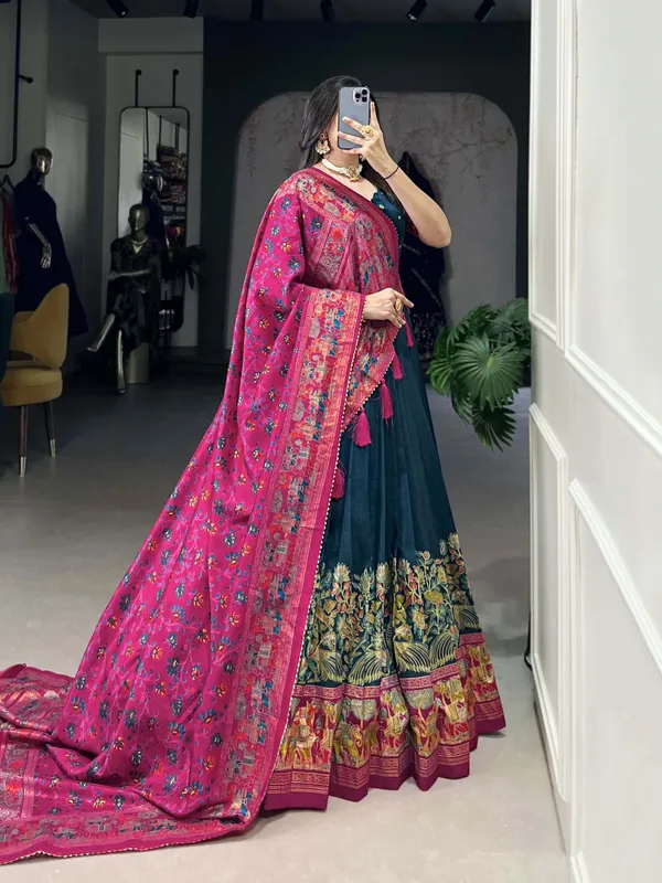 Navy_Tasar_Silk_Printed_Flared_Lehenga_Choli_For_Women