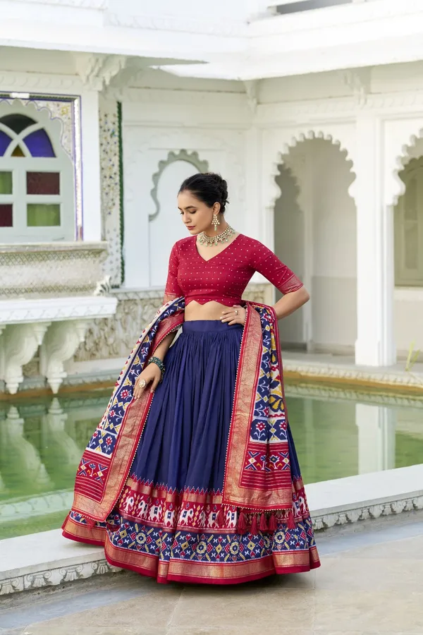 Navy_Tasar_Silk_Printed_Flared_Lehenga_Choli_For_Women