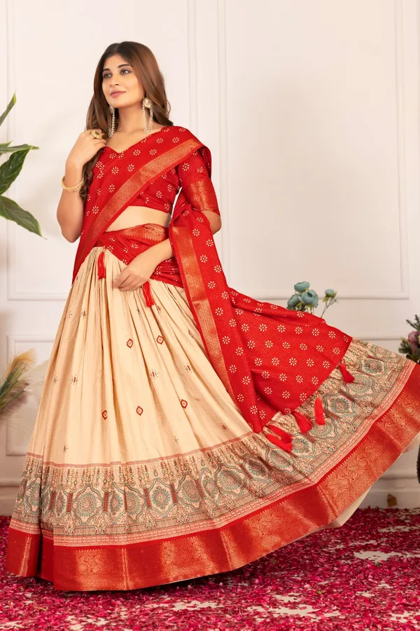 Red_Tasar_Silk_Printed_Flared_Lehenga_Choli_For_Women