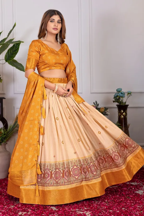 Orange_Tasar_Silk_Printed_Flared_Lehenga_Choli_For_Women