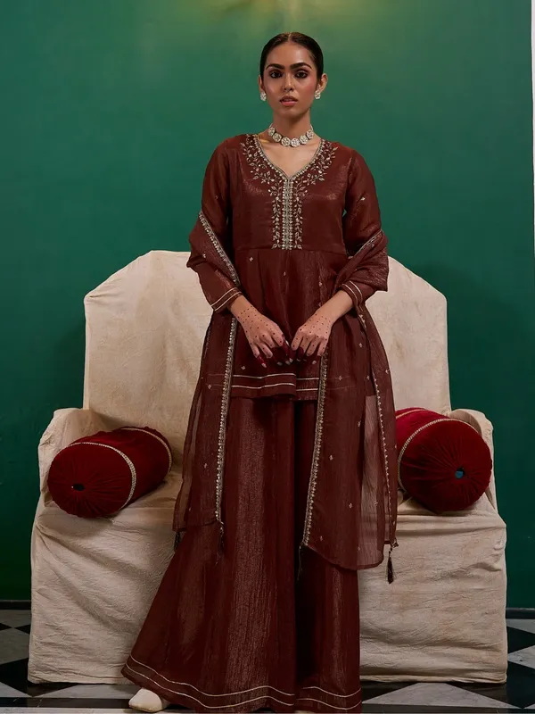 Brown_Embroidered_Three_Piece_Suit_Set_For_Women