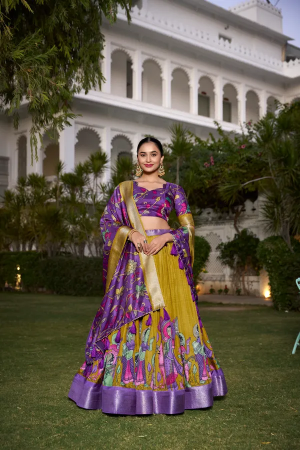 Yellow_Tasar_Silk_Printed_Flared_Lehenga_Choli_For_Women