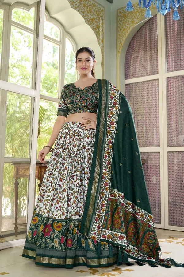 Green_Tasar_Silk_Floral_Print_Lehenga_Choli_For_Women