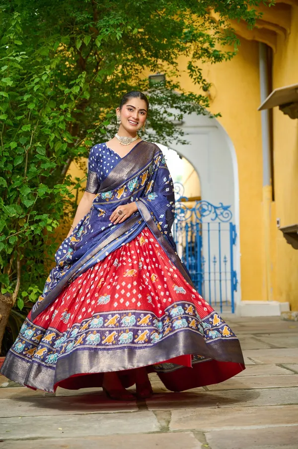 Red_Tasar_Silk_Printed_Flared_Lehenga_Choli_For_Women