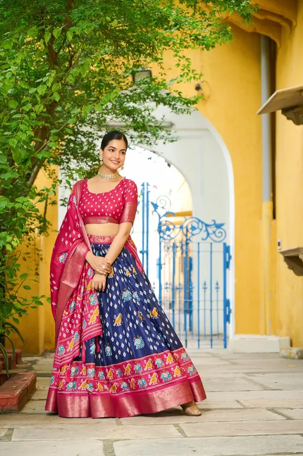 Navy_Tasar_Silk_Printed_Flared_Lehenga_Choli_For_Women