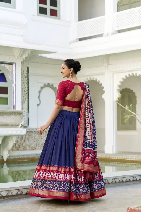 Navy_Tasar_Silk_Printed_Flared_Lehenga_Choli_For_Women