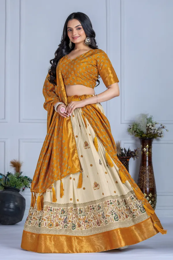 Yellow_Tasar_Silk_Printed_Flared_Lehenga_Choli_For_Women