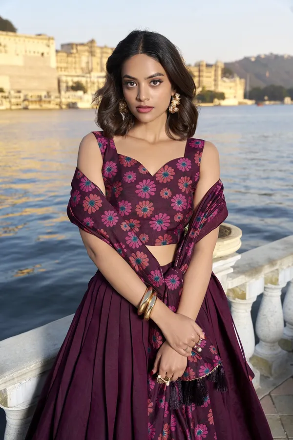Wine_Tasar_Silk_Floral_Printed_Flared_Lehenga_Choli_For_Women
