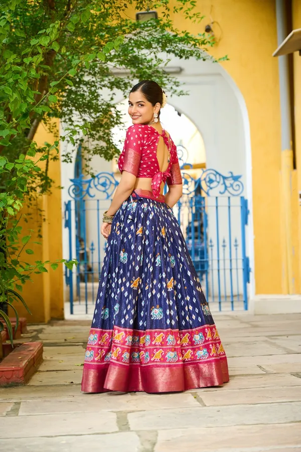 Navy_Tasar_Silk_Printed_Flared_Lehenga_Choli_For_Women