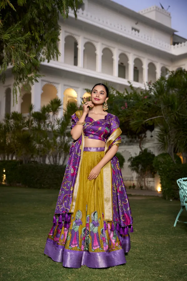 Yellow_Tasar_Silk_Printed_Flared_Lehenga_Choli_For_Women