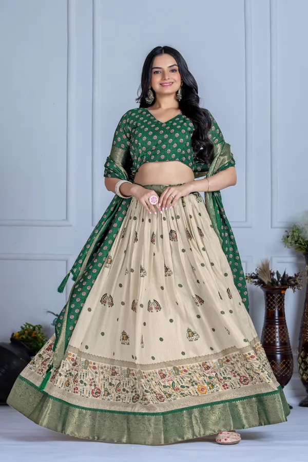 Green_Tasar_Silk_Flared_Lehenga_Choli_For_Women