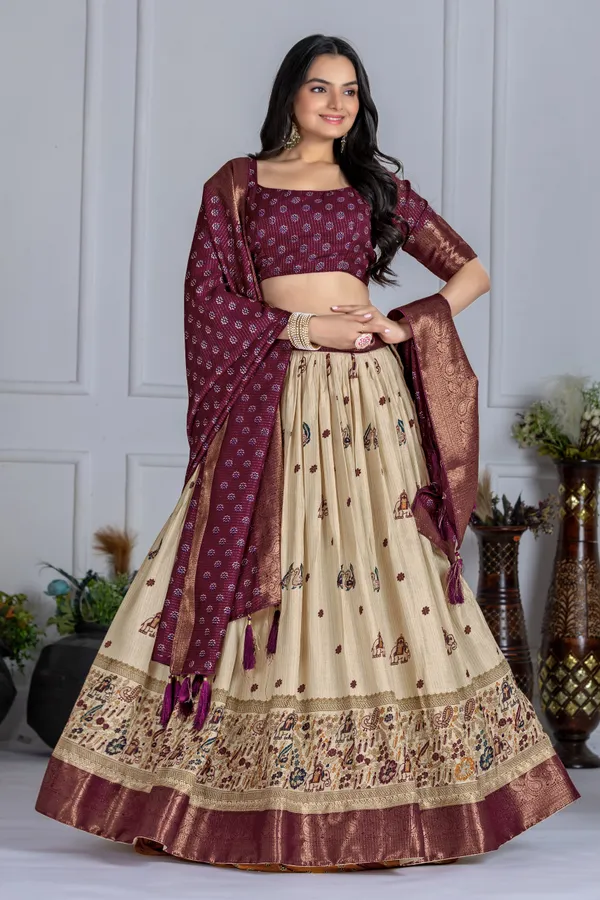 Wine_Tasar_Silk_Printed_Flared_Lehenga_Choli_For_Women