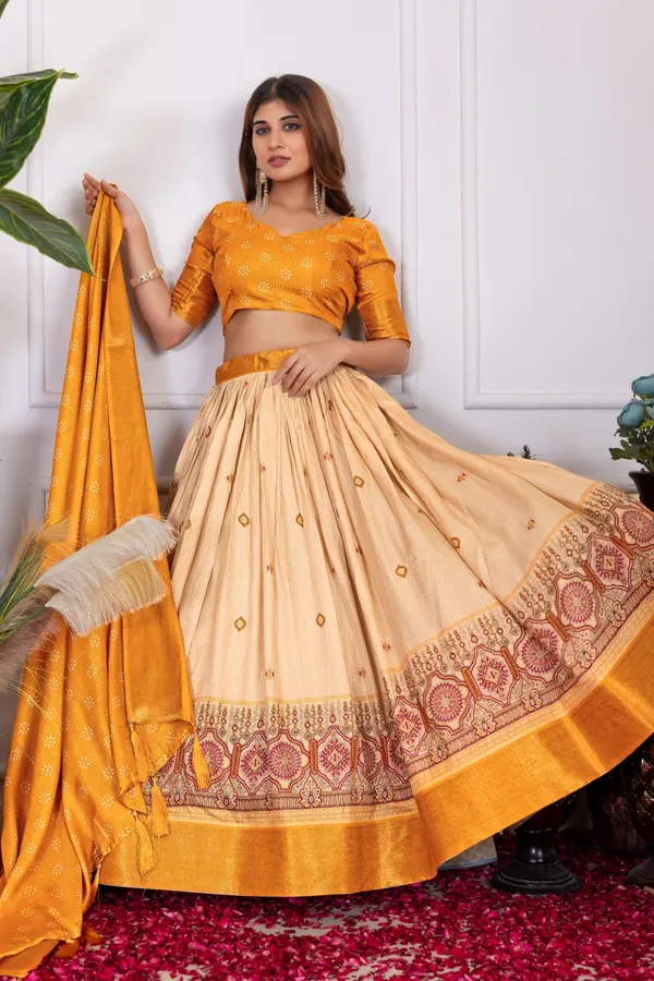 Orange_Tasar_Silk_Printed_Flared_Lehenga_Choli_For_Women