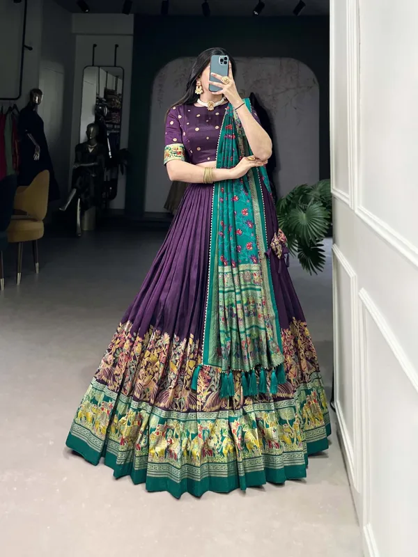 Purple_Tasar_Silk_Printed_Flared_Lehenga_Choli_For_Women