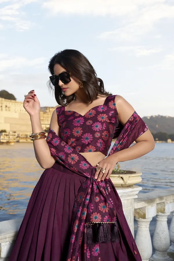 Wine_Tasar_Silk_Floral_Printed_Flared_Lehenga_Choli_For_Women