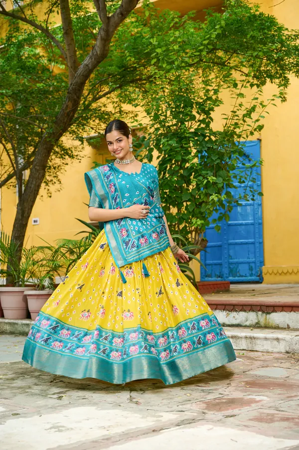 Blue_Tasar_Silk_Printed_Flared_Lehenga_Choli_For_Women