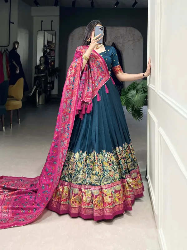 Navy_Tasar_Silk_Printed_Flared_Lehenga_Choli_For_Women