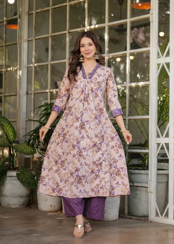 Beige_Floral_Print_Straight_Kurta_Set_For_Women