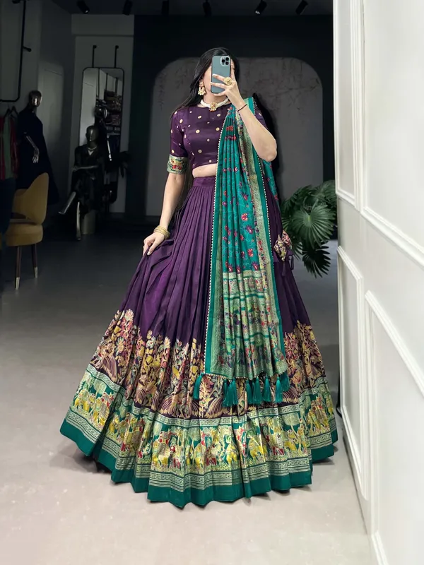 Purple_Tasar_Silk_Printed_Flared_Lehenga_Choli_For_Women