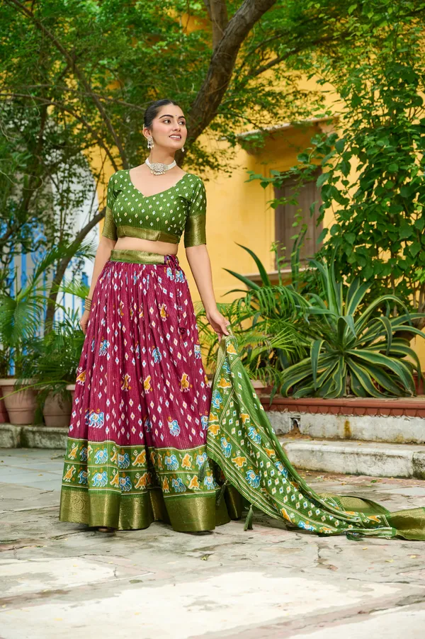 Green_Tasar_Silk_Printed_Flared_Lehenga_Choli_For_Women