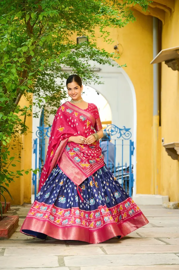 Navy_Tasar_Silk_Printed_Flared_Lehenga_Choli_For_Women