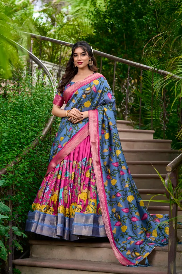 Pink_Tasar_Silk_Floral_Printed_Flared_Lehenga_Choli_For_Women