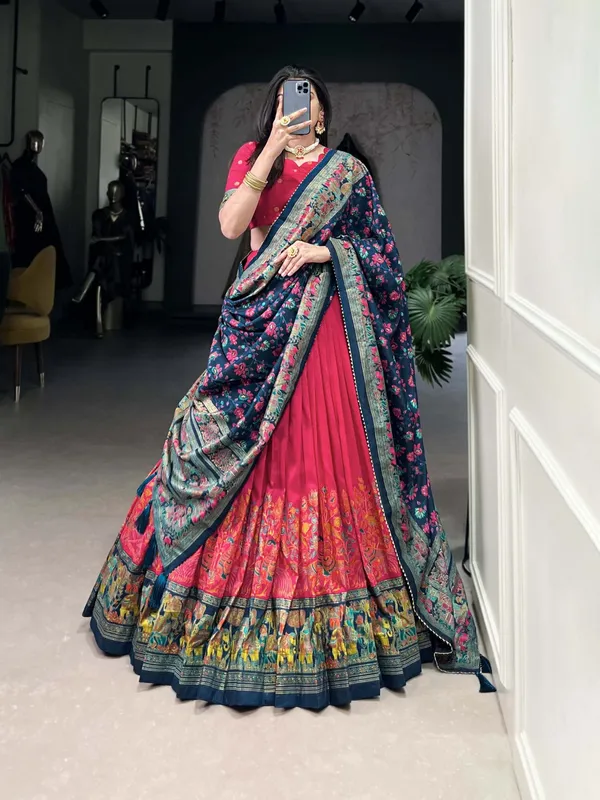Red_Tasar_Silk_Floral_Printed_Flared_Lehenga_Choli_For_Women