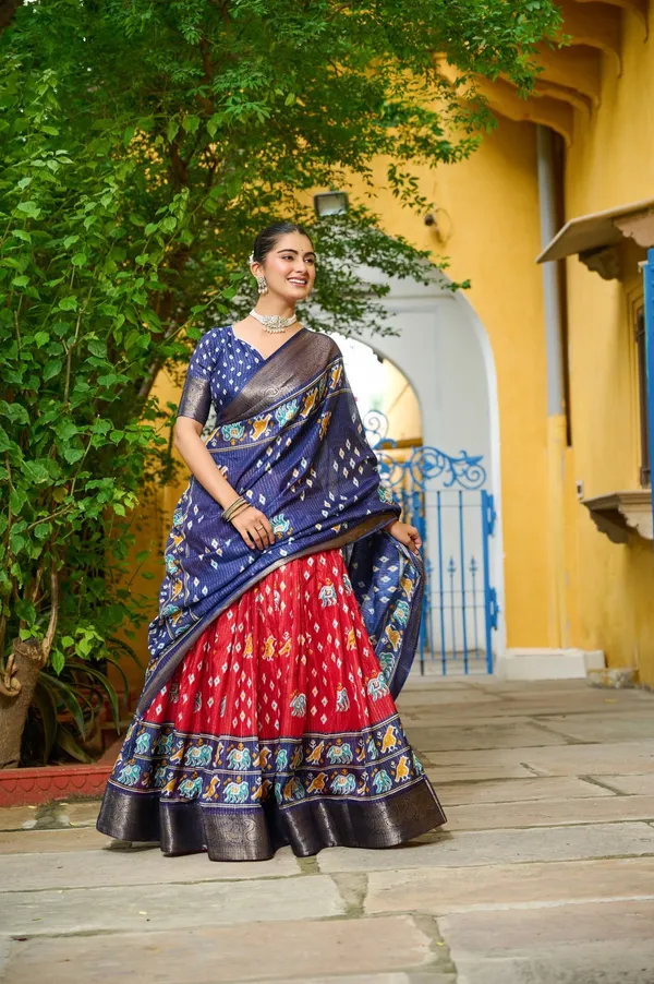 Red_Tasar_Silk_Printed_Flared_Lehenga_Choli_For_Women