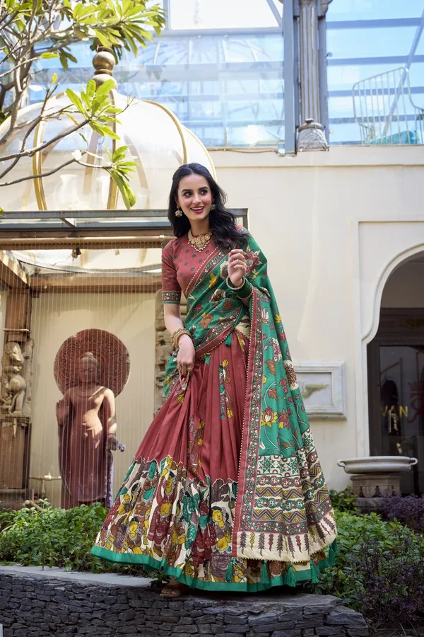 Red_Tasar_Silk_Printed_Flared_Lehenga_Choli_For_Women