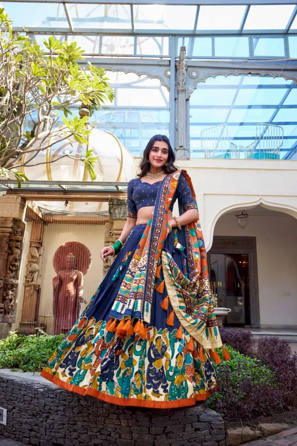 Navy_Tasar_Silk_Printed_Flared_Lehenga_Choli_For_Women