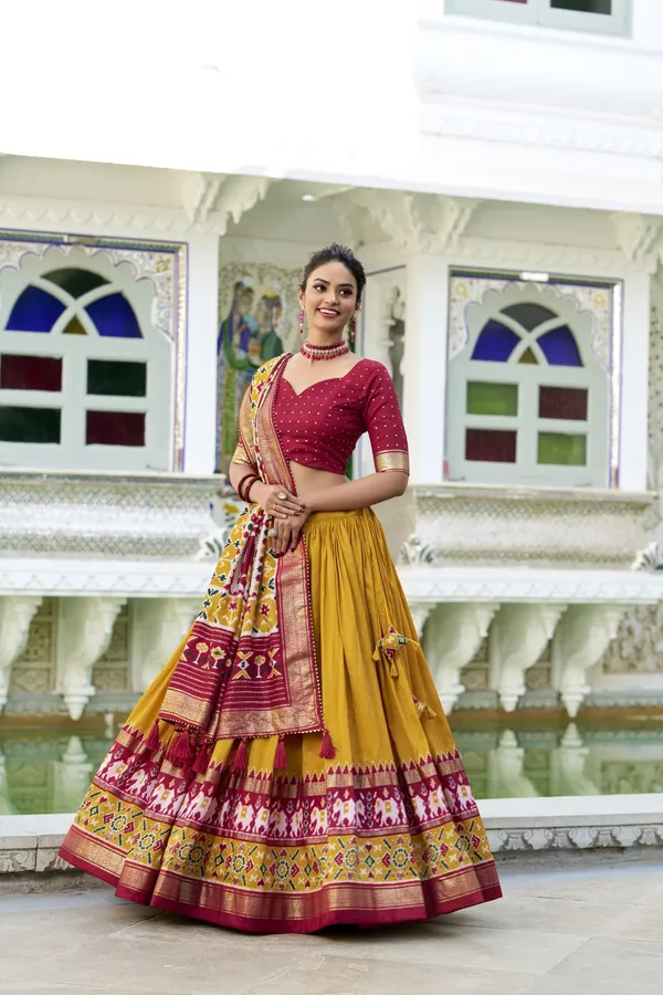 Mustard_Tasar_Silk_Printed_Flared_Lehenga_Choli_For_Women