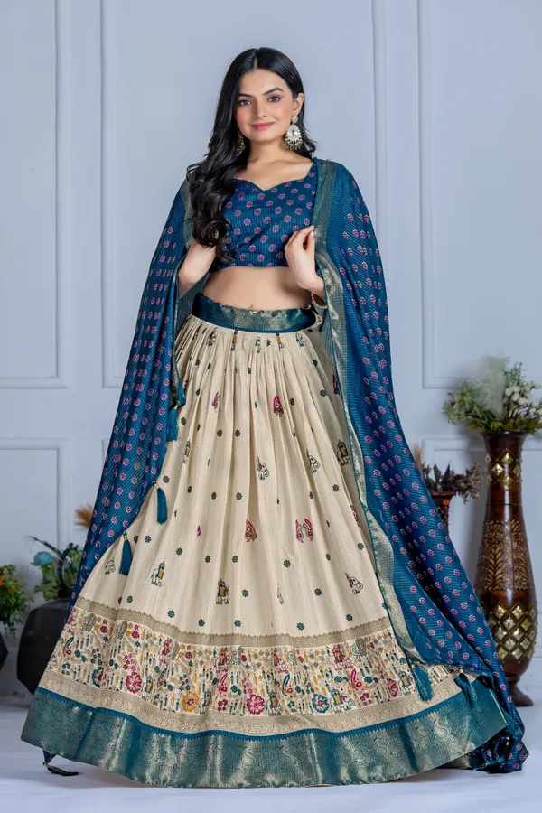 Blue_Tasar_Silk_Flared_Lehenga_Choli_For_Women