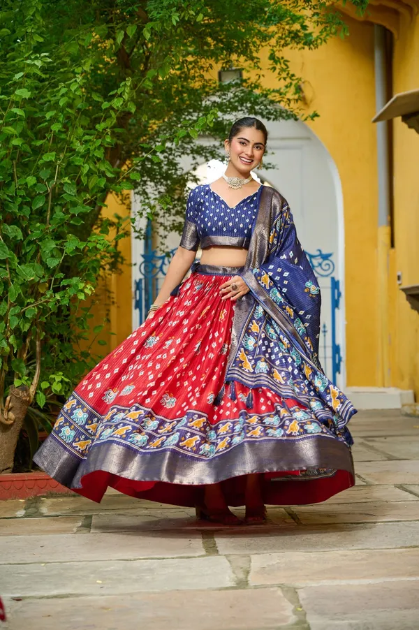Red_Tasar_Silk_Printed_Flared_Lehenga_Choli_For_Women