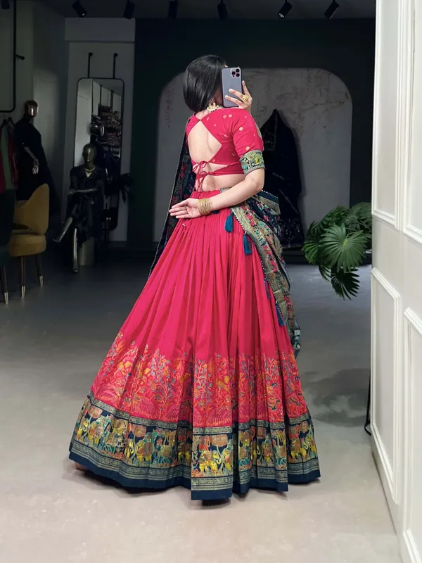 Red_Tasar_Silk_Floral_Printed_Flared_Lehenga_Choli_For_Women