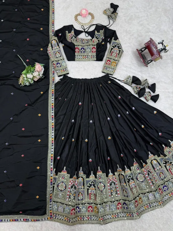 Black_Tasar_Silk_Embroidered_Flared_Lehenga_Choli_For_Women