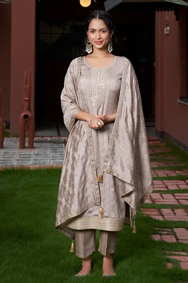 Taupe_Silk_Blend_Embroidered_Suit_Set_for_Women