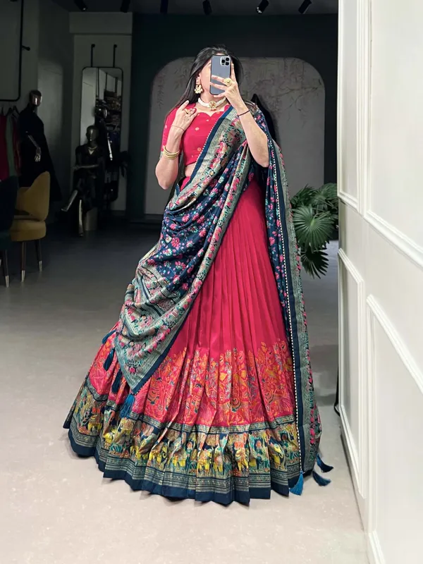 Red_Tasar_Silk_Floral_Printed_Flared_Lehenga_Choli_For_Women