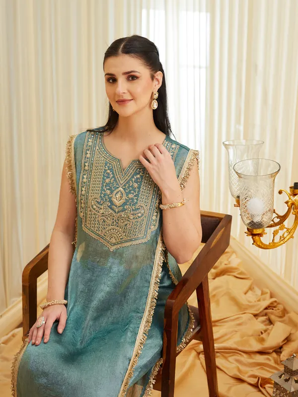 Teal_Embroidered_Straight_Kurta_Set_For_Women