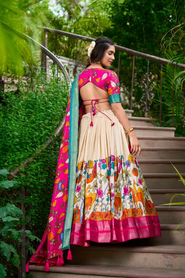 White_Tasar_Silk_Floral_Printed_Flared_Lehenga_Choli_For_Women