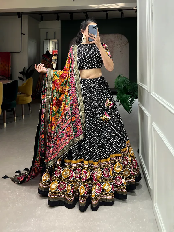 Black_Tasar_Silk_Printed_Flared_Lehenga_Choli_For_Women
