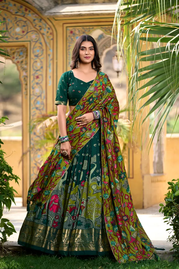 Green_Tasar_Silk_Flared_Printed_Lehenga_Choli_For_Women