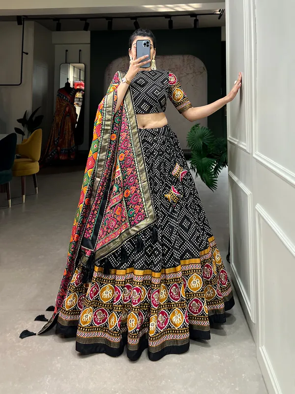 Black_Tasar_Silk_Printed_Flared_Lehenga_Choli_For_Women