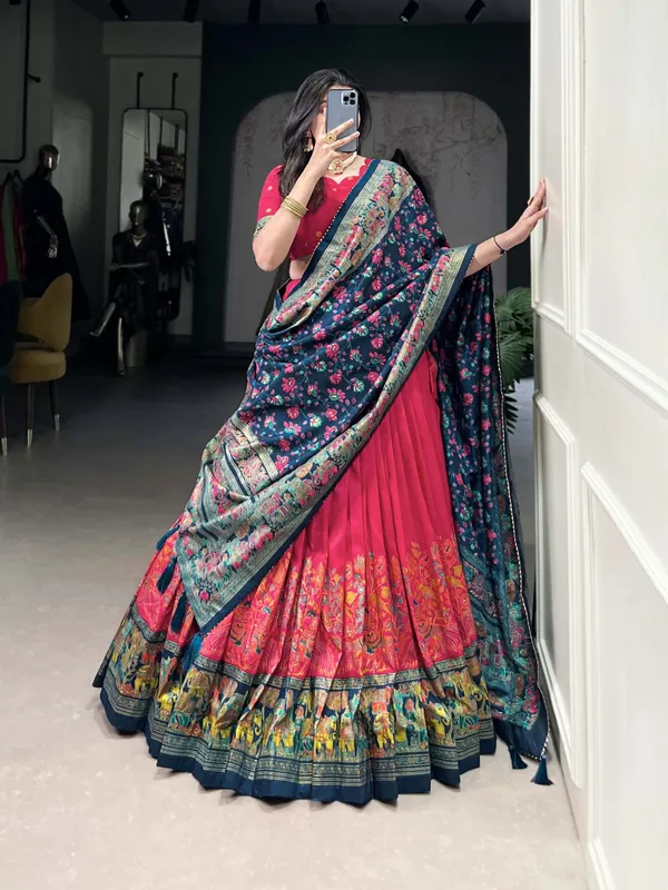 Red_Tasar_Silk_Floral_Printed_Flared_Lehenga_Choli_For_Women