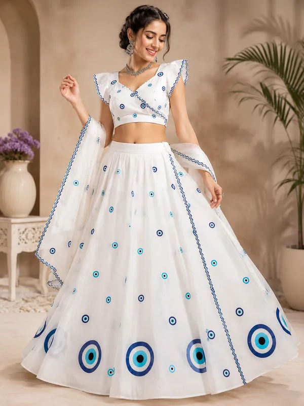 White_Pure_Cotton_Printed_Flared_Lehenga_Choli_For_Women