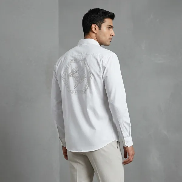 White_Rhinestone_Logo_Embellished_Relaxed_Fit_Shirt_For_Men